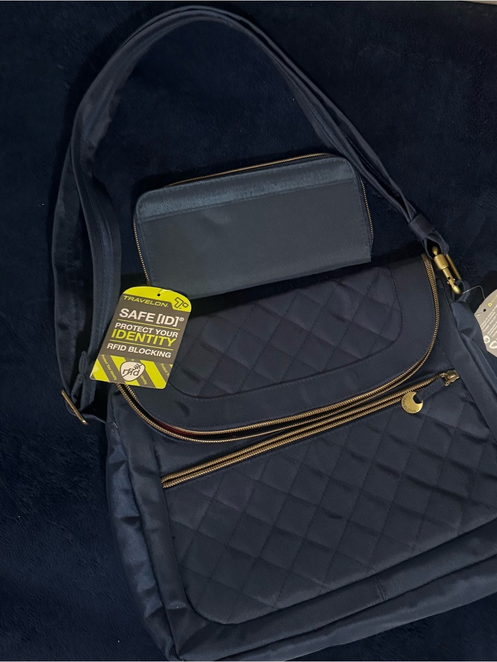 Travelon Navy Quilted Crossbody Messenger Bag with RFID Wallet